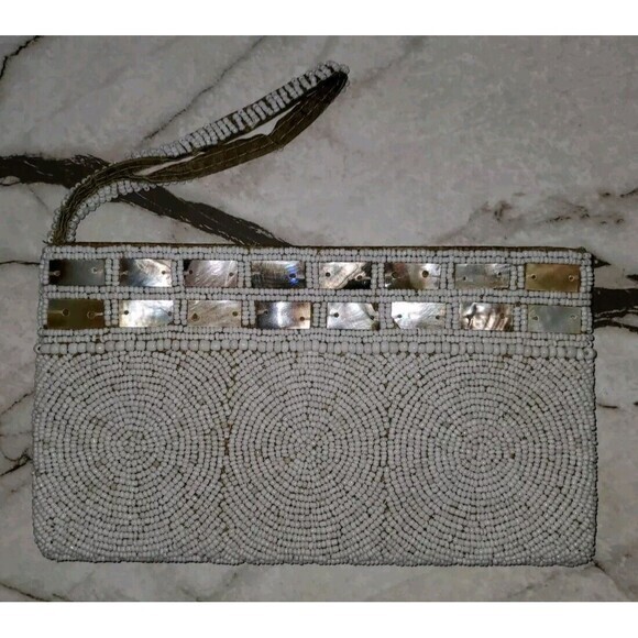 Vintage Beaded Clutch Evening Bag White‎ Mother of Pearl Party Purse - Picture 1 of 5